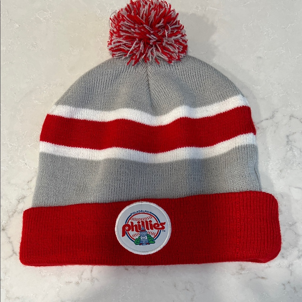 Phillies Kids Pom-Pom Beanie - Red and Gray